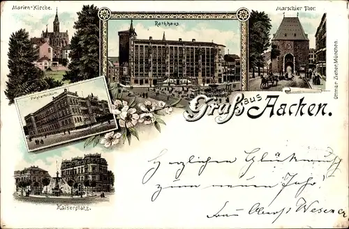 Litho Aachen, Marienkirche, Rathaus, Marschier Tor, Polytechnikum, Kaiserplatz