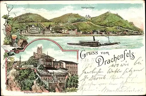 Litho Königswinter am Rhein, Drachenfels, Schiff, Plateau