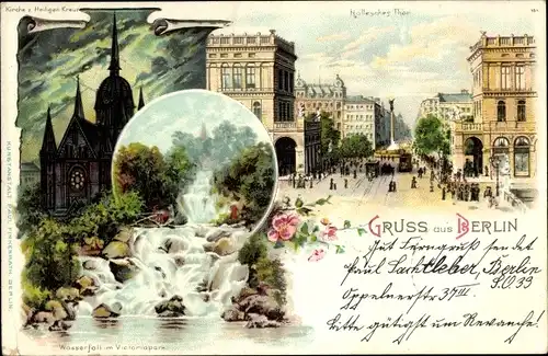 Litho Berlin Kreuzberg, Hallesches Tor, Viktoriapark mit Wasserfall, Kirche zum Heiligen Kreuz