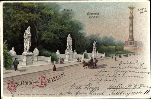 Litho Berlin Tiergarten,  Denkmal Otto I., Albrecht der Bär, Siegessäule