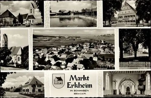 Ak Erkheim im Unterallgäu, Strandbad, Katholische Kirche, Luftaufnahme, Wegkreuz