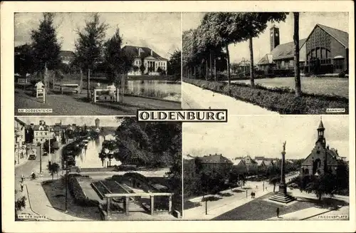 Ak Oldenburg in Oldenburg, Teilansichten, Am Dobbenteich, An der Hunte, Bahnhof, Friedensplatz