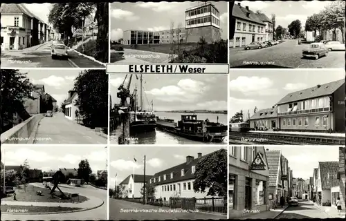 Ak Elsfleth an der Unterweser, Flutmauer, Seemännische Berufsfachschule, Hafenstraße, Bahnhof