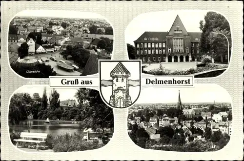 Ak Delmenhorst in Oldenburg, Luftaufnahme, Kirche, Rathaus