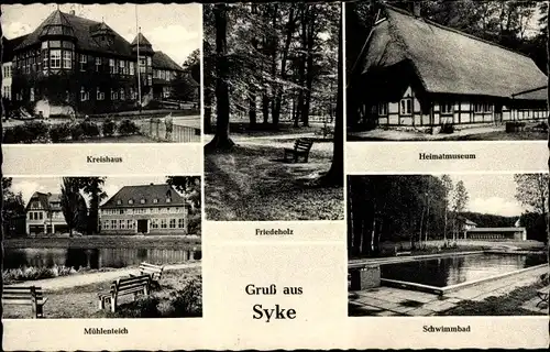 Ak Syke in Niedersachsen, Kreishaus, Heimatmuseum, Schwimmbad, Mühlenteich, Friedeholz