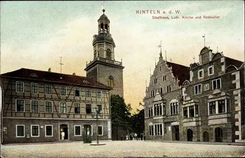 Ak Rinteln an der Weser, Stadthaus, Luth. Kirche und Ratskeller