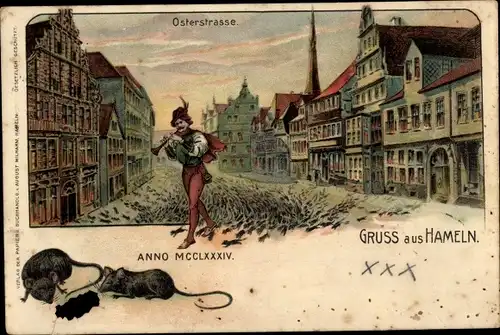 Litho Hameln an der Weser Niedersachsen, Osterstraße, Ratten, Rattenfänger