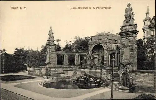 Ak Halle an der Saale, Kaiser-Denkmal, Poststraße, Brunnen