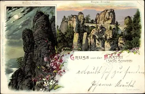 Litho Lohmen im Elbsandsteingebirge, Bastei, Basteifelsen, Basteibrücke