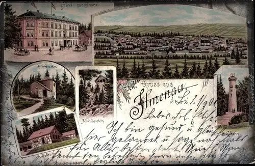 Litho Ilmenau in Thüringen, Schwalbenstein, Kickelhahn, Hotel zur Tanne