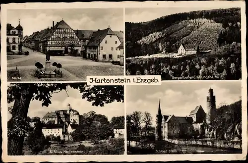 Ak Hartenstein im Erzgebirge, Markt, Bergarbeiter Erholungsheim, Schloss Hartenstein, Schloss Stein