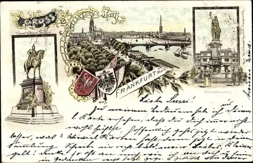 Litho Frankfurt am Main, Panorama, Kaiser Wilhelm Denkmal, Schützenbrunnen