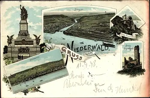 Litho Rüdesheim am Rhein, Burg Rheinstein, Bingen, Ehrenfels, Niederwalddenkmal