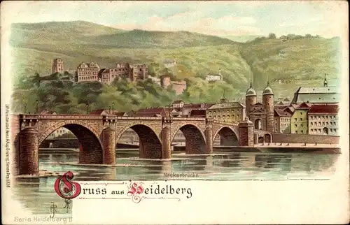 Künstler Litho Heidelberg am Neckar, Neckarbrücke