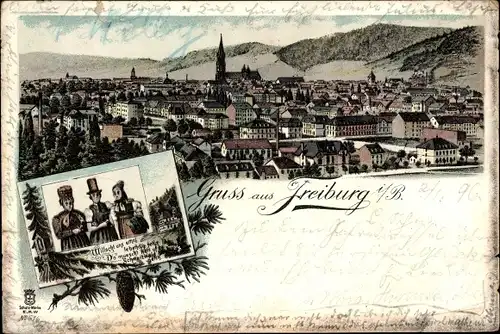 Litho Freiburg im Breisgau, Panorama, Trachten