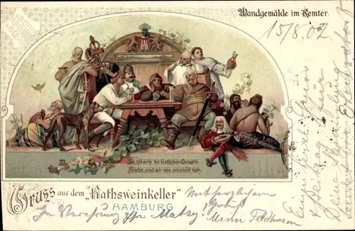 Litho Hamburg Mitte Altstadt, Ratsweinkeller, Wandgemälde im Remter