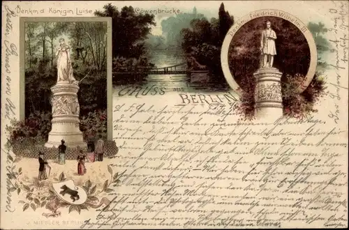 Litho Berlin Tiergarten, Löwenbrücke, Denkmal Königin Luise, Denkmal Friedrich Wilhelm III.
