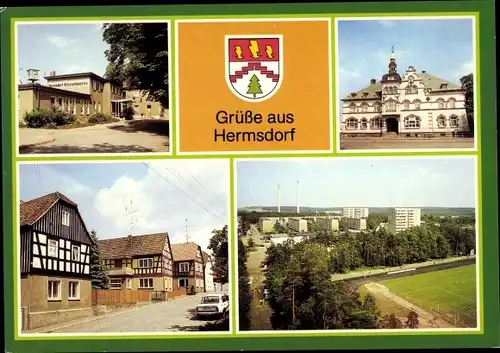 Wappen Ak Hermsdorf in Thüringen, Bahnhof, Rathaus, Fachwerkhäuser Bergstraße, Teilansicht