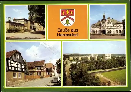 Wappen Ak Hermsdorf in Thüringen, Bahnhof, Rathaus, Fachwerkhäuser Bergstraße, Teilansicht