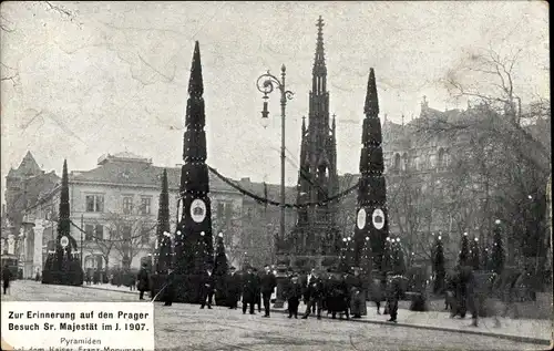 Ak Praha Prag, Cisarske dny 1907, Jehlance u pomniku cis. Frantiska, Kaisertage, Franz Josef