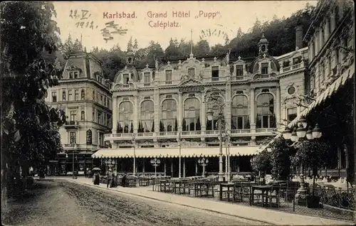 Ak Karlovy Vary Karlsbad Stadt, Grand Hotel Pupp, Caféplatz