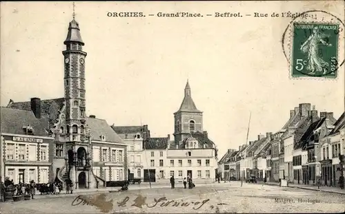 Ak Orchies Nord, Grande Place, Belfry, Rue de l'Eglise