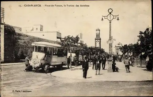 Ak Casablanca Marokko, Place de la France, Busbahnhof