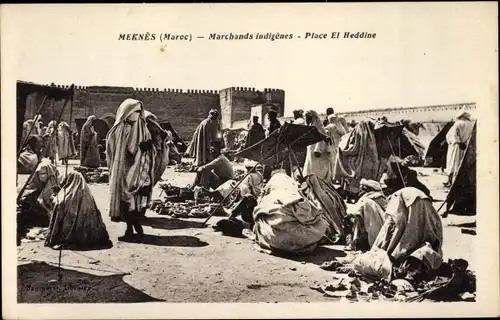 Ak Meknes Marokko, Einheimische Kaufleute, Place El Heddine