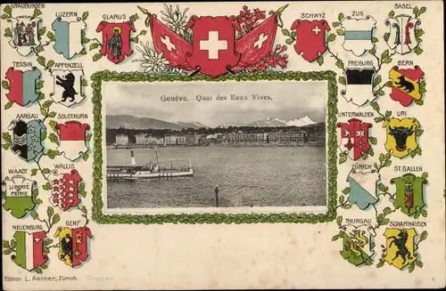 Präge Wappen Passepartout Ak Genf Genf Schweiz, Quai des Eaux Vives