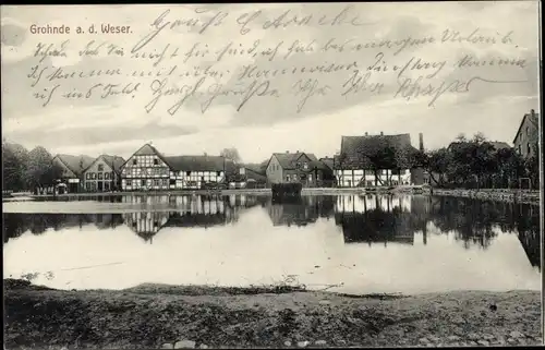 Ak Grohnde Emmerthal an der Weser, Fachwerkhäuser, Uferpartie