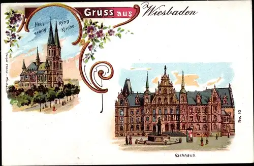 Litho Wiesbaden in Hessen, Rathaus, Ring Kirche