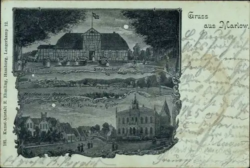 Mondschein Litho Marlow in Mecklenburg, Schützenhaus, Markt, Rathaus, Kirche