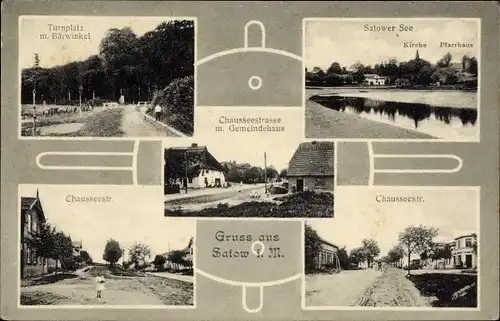 Ak Satow in Mecklenburg, Chausseestraße, Gemeindehaus, Turnplatz, Bärwinkel, Satower See, Kirche