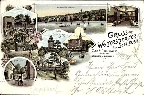Litho Woltersdorf bei Berlin, Woltersdorfer Schleuse, Cafe Ruhwald, Aussichtsturm, Garten