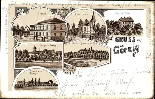 Litho Görzig Strehla in Sachsen, Schloss Villa, Baegs Villa, Gasthof, Rittergut, Vorwerk