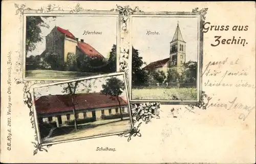 Ak Zechin im Oderbruch, Pfarrhaus, Kirche, Schulhaus