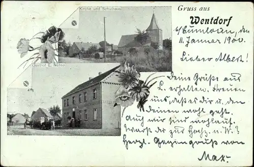 Ak Wentdorf Cumlosen an der Elbe Prignitz, Kirche, Schulhaus, Gasthof E. Nühse