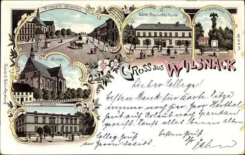 Litho Bad Wilsnack in der Prignitz, Kirche, Bahnhof, Hotel Deutsches Haus, Kriegerdenkmal