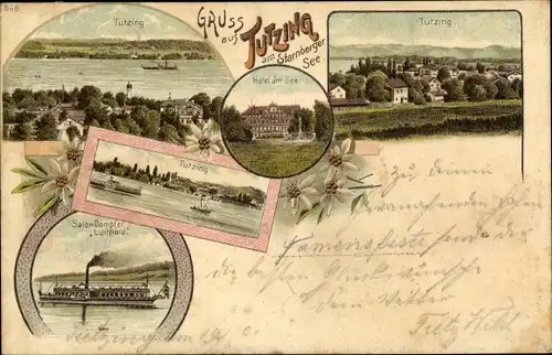 Litho Tutzing am Starnberger See Oberbayern, Hotel am See, Salondampfer Luitpold, Totale