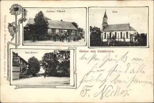 Ak Cumlosen an der Elbe Prignitz, Gasthaus Brandt, Kirche, Dorfstraße