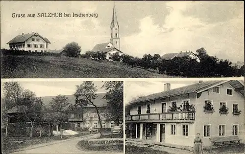 Ak Salzhub Irschenberg in Oberbayern, Kirche, Ortspartie, Geschäftshaus