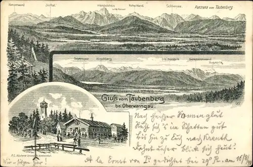 Litho Oberwarngau Warngau, Panorama vom Taubenberg, Kampenwand, Schliersee, Rote Wand