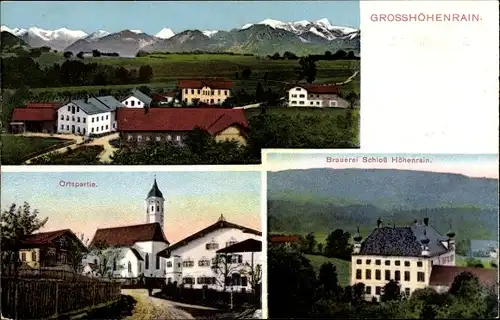 Ak Großhöhenrain Feldkirchen Westerham in Oberbayern, Ortspartie, Kirche, Brauerei Schloss Höhenrain