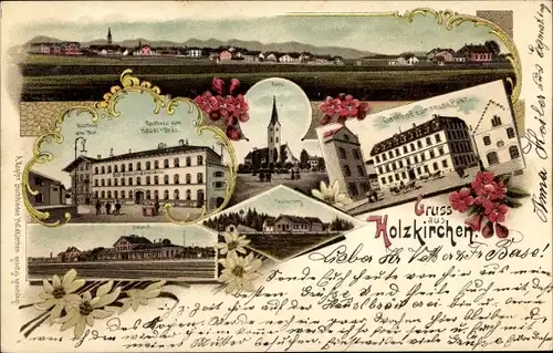 Litho Holzkirchen in Oberbayern, Kirche, Gasthof zur neuen Post, Bahnhof, Panorama