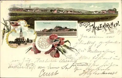 Litho Holzkirchen in Oberbayern, Bahnhof, Kirche, Totalansicht