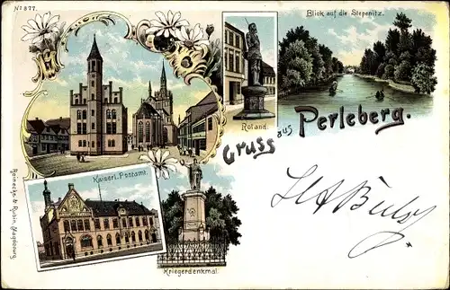 Litho Perleberg in der Prignitz, Marktplatz, Postamt, Stepenitz, Kriegerdenkmal, Roland