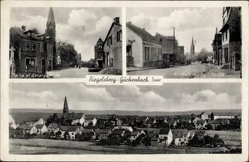 Ak Güchenbach Riegelsberg im Saarland, ev. Kirche, Kirchstraße, kath. Kirche, Gesamtansicht