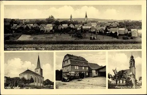 Ak Dickenschied im Hunsrück, Panorama, Kath. Kirche, Ev. Kirche, Gasthaus zur Post