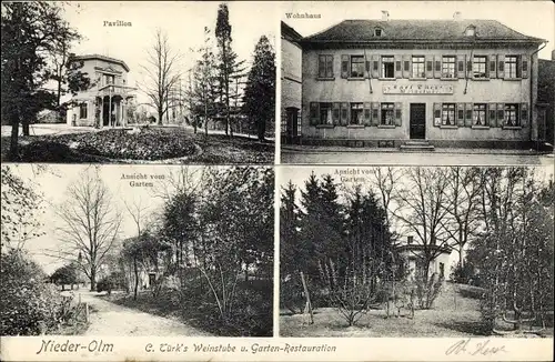 Ak Nieder Olm in Rheinhessen, C. Türk's Weinstube und Gartenrestauration, Pavillon, Wohnhaus