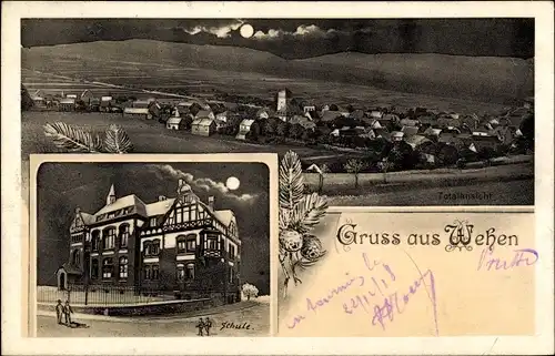 Mondschein Litho Wehen im Taunus Hessen, Gesamtansicht, Schule